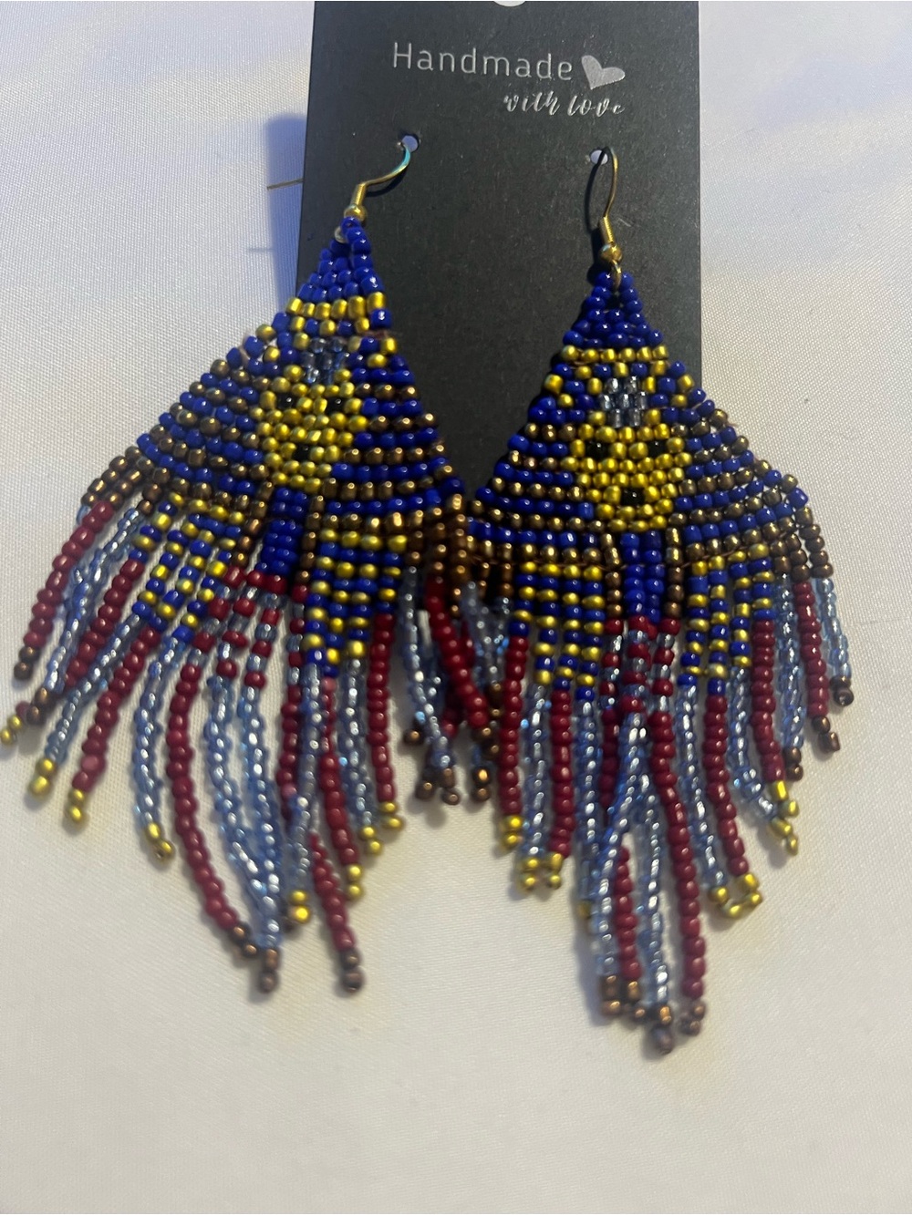 Handmade Beaded Fringe Earrings in Blue & Gold
